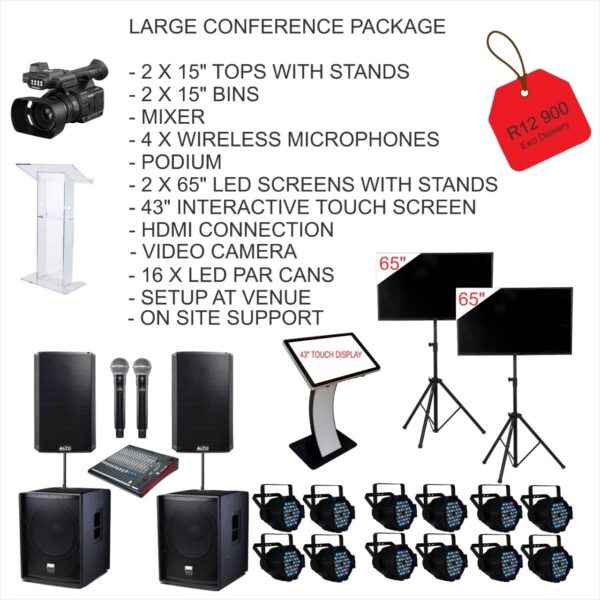 a large conference package with a variety of speakers and microphones TVs And lighting